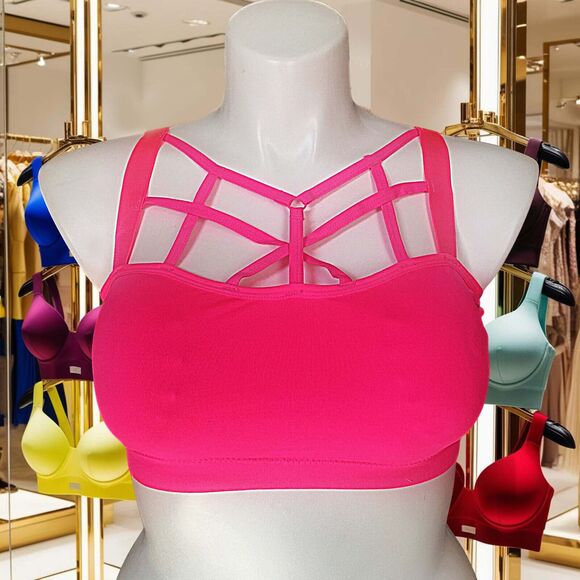 Plus Athleisure Sports Bra Womens 1x 2x Hot Pink Strappy Seamless Bralette - Picture 1 of 8